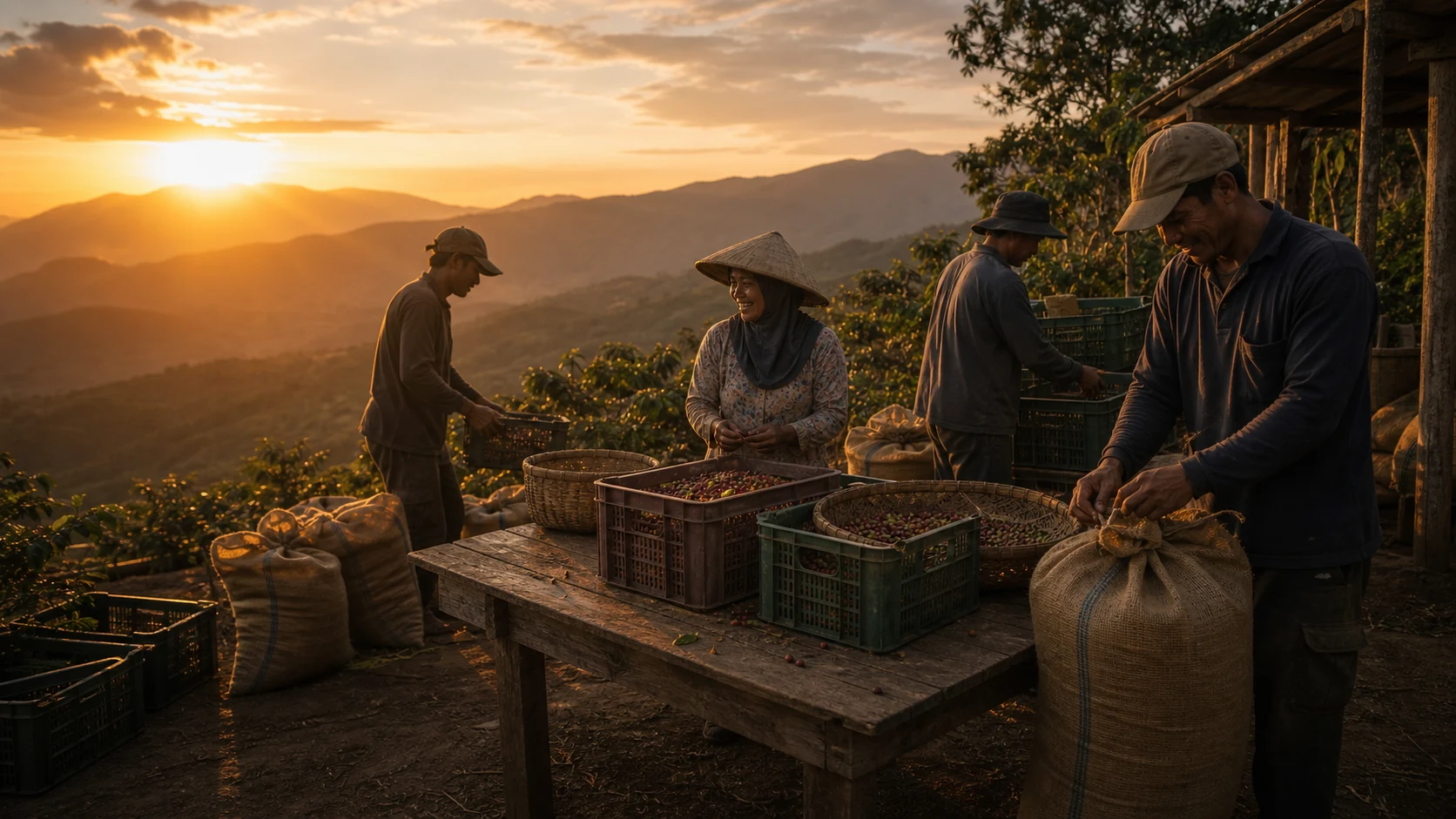 Indonesian farmers sorting coffee and tea harvest at sunset